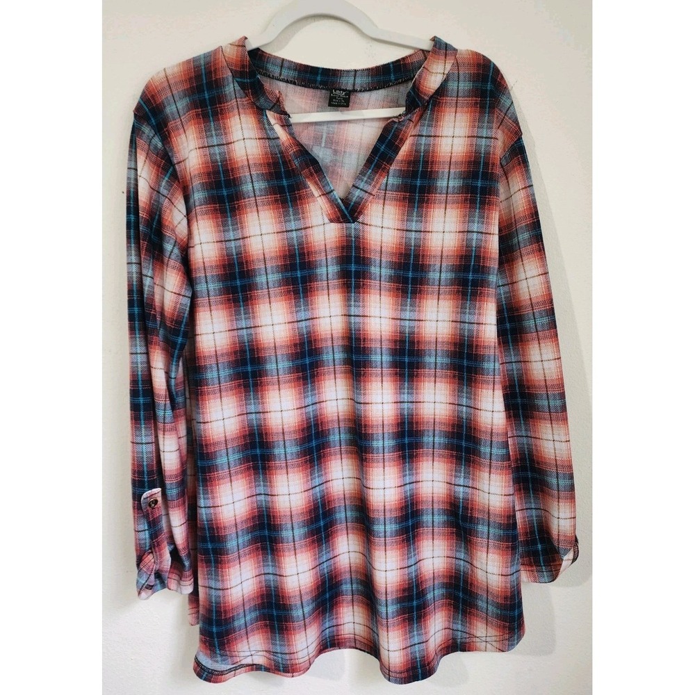 Lildy‎ Womens L/XL Multicolor Plaid Tunic Top V-Neck 3/4 Sleeve Stretch Top
